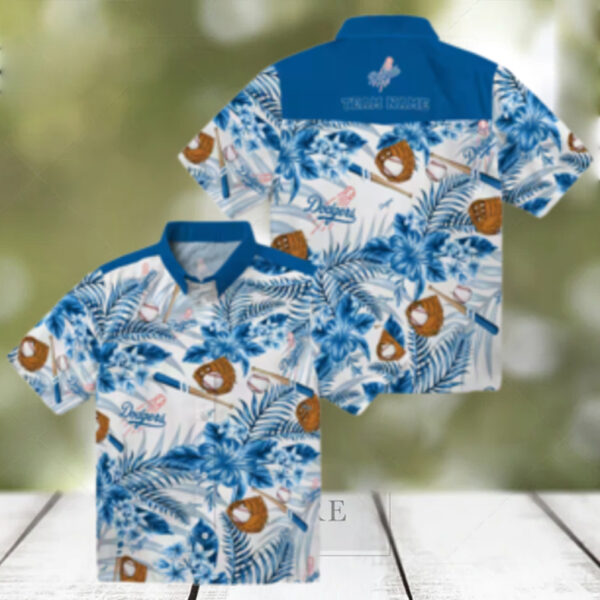 Los Angeles Dodgers Button Up Hawaiian Shirt   Hibiscus Blue White Aloha Style
