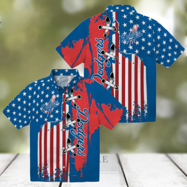 Los Angeles Dodgers Hawaiian Short Sleeve Shirt   Blue Flag Print for Baseball Fans