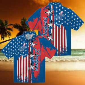 Los Angeles Dodgers Hawaiian Short Sleeve Shirt Blue Flag Print for Baseball Fans