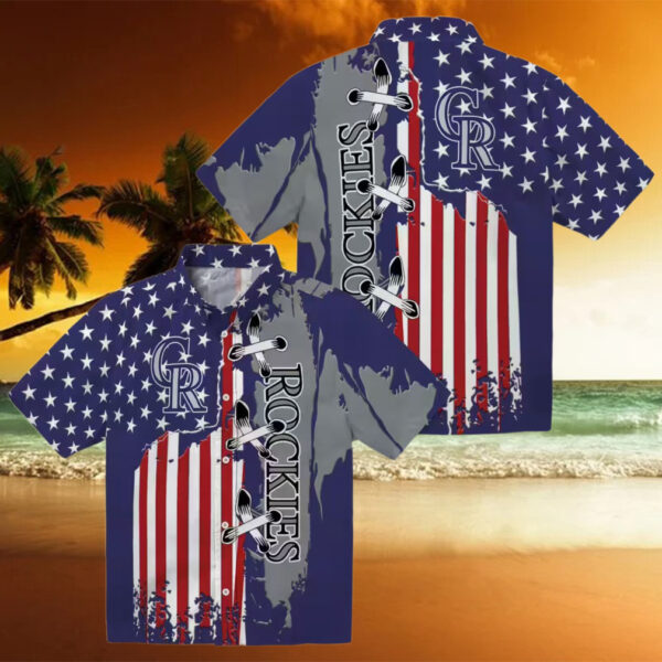 MLB Colorado Rockies Stitched Flag Hawaiian Shirt   Blue Tropical Shirt for Baseball Fans