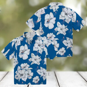 MLB Dodgers Hibiscus Hawaiian Shirt   Blue Tropical Button Up for Men