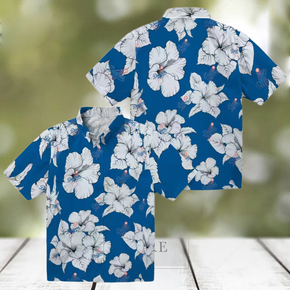 MLB Dodgers Hibiscus Hawaiian Shirt Blue Tropical Button Up for Men MLB Dodgers Hibiscus Hawaiian Shirt Blue Tropical Button Up for Men