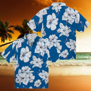 MLB Dodgers Hibiscus Hawaiian Shirt   Blue Tropical Button Up for Men