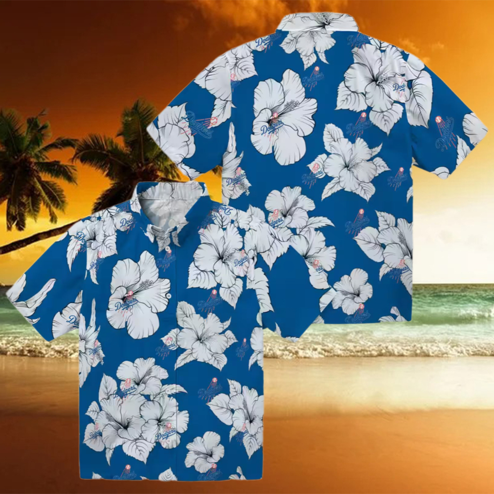 MLB Dodgers Hibiscus Hawaiian Shirt Blue Tropical Button Up for Men MLB Dodgers Hibiscus Hawaiian Shirt Blue Tropical Button Up for Men