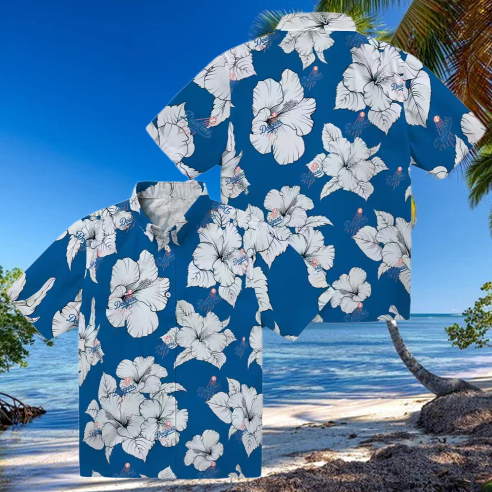 MLB Dodgers Hibiscus Hawaiian Shirt Blue Tropical Button Up for Men MLB Dodgers Hibiscus Hawaiian Shirt Blue Tropical Button Up for Men