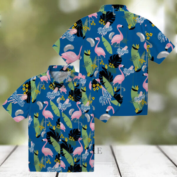 MLB Dodgers Men’s Hawaiian Shirt   Blue Tropical Flamingo Leaf Button Up