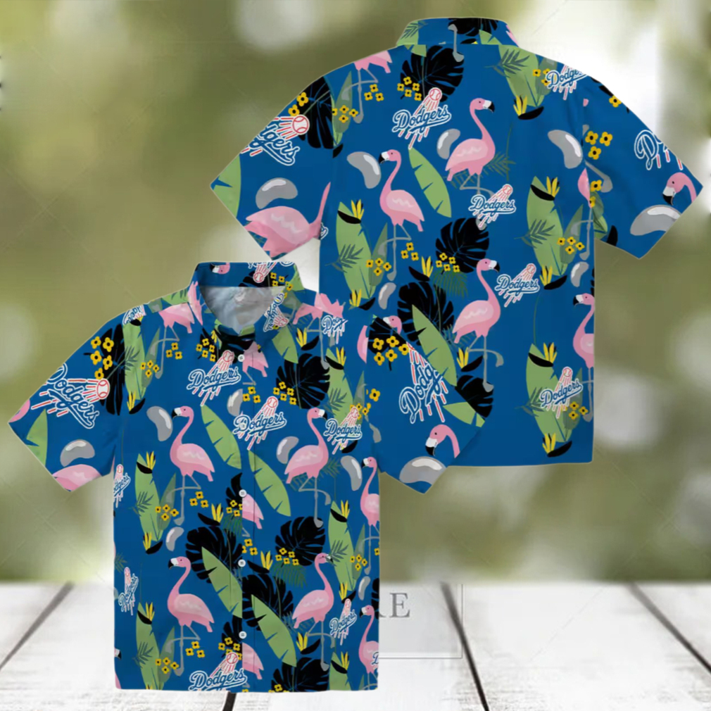 MLB Dodgers Men's Hawaiian Shirt Blue Tropical Flamingo Leaf Button Up MLB Dodgers Men's Hawaiian Shirt Blue Tropical Flamingo Leaf Button Up