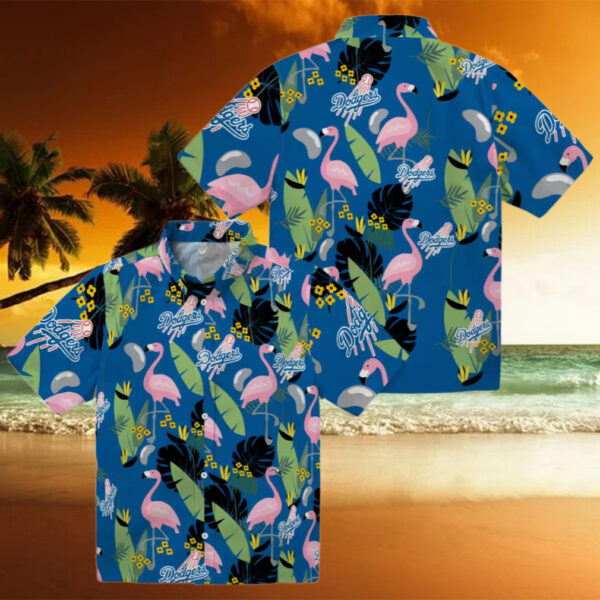 MLB Dodgers Men’s Hawaiian Shirt   Blue Tropical Flamingo Leaf Button Up