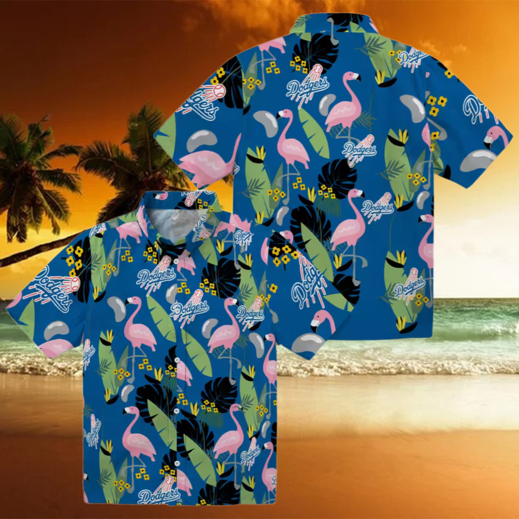 MLB Dodgers Men's Hawaiian Shirt Blue Tropical Flamingo Leaf Button Up MLB Dodgers Men's Hawaiian Shirt Blue Tropical Flamingo Leaf Button Up