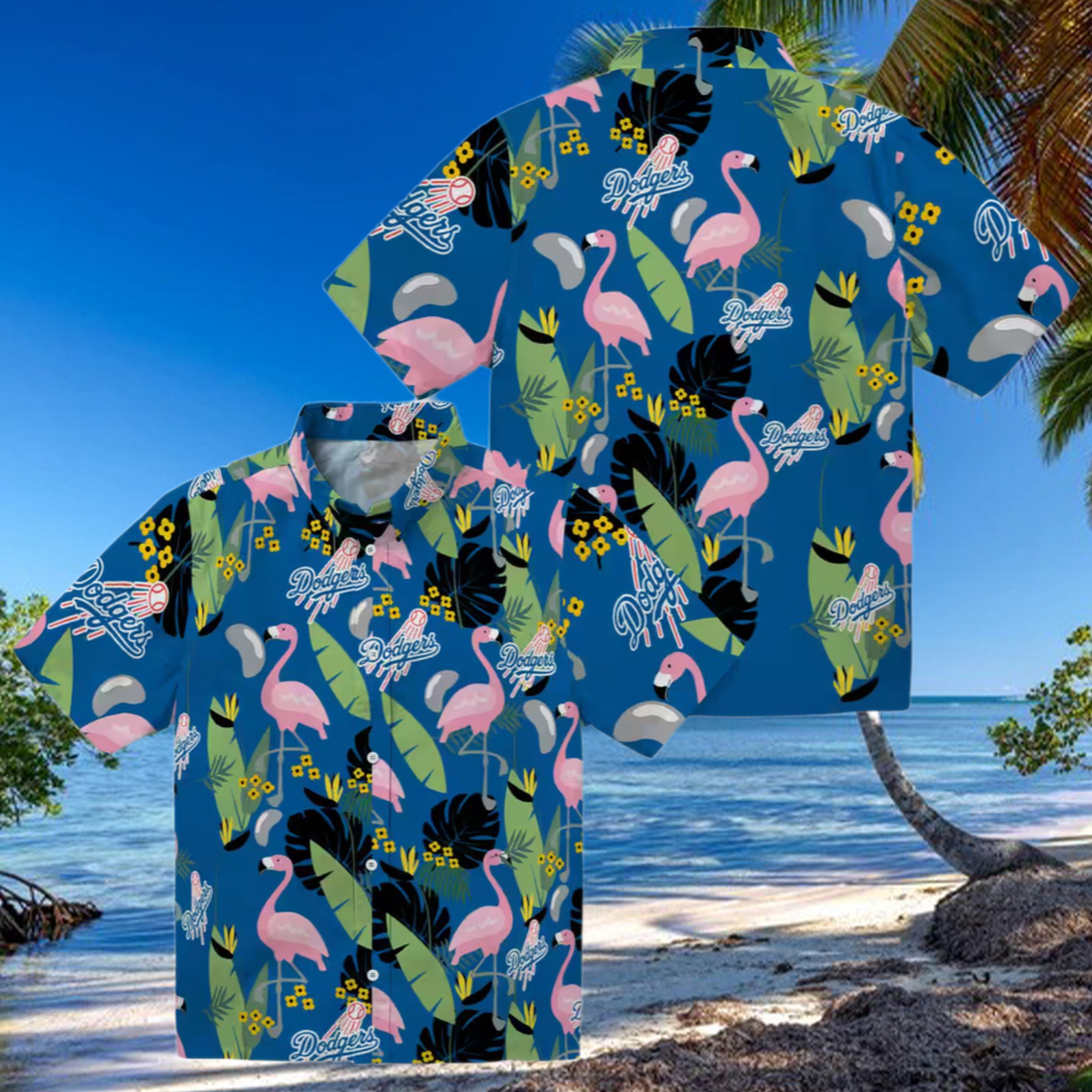 MLB Dodgers Men's Hawaiian Shirt Blue Tropical Flamingo Leaf Button Up MLB Dodgers Men's Hawaiian Shirt Blue Tropical Flamingo Leaf Button Up