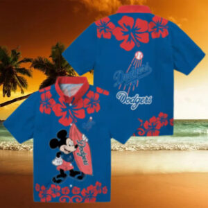 MLB Dodgers Tropical Aloha Short Sleeve Shirt   Mickey Mouse Beach Print for Men & Women