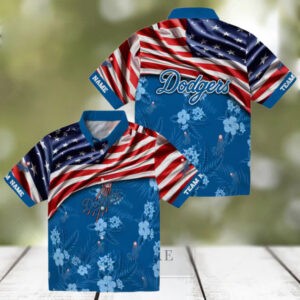 MLB Los Angeles Dodgers Hawaiian Shirt   US Flag Hibiscus Design for Fans