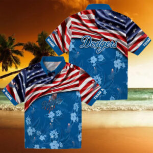 MLB Los Angeles Dodgers Hawaiian Shirt   US Flag Hibiscus Design for Fans