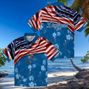 MLB Los Angeles Dodgers Hawaiian Shirt US Flag Hibiscus Design for Fans