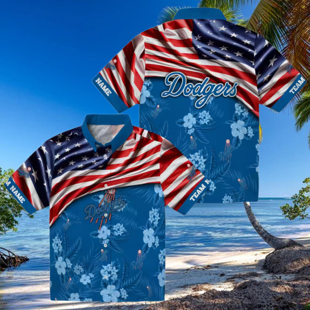 MLB Los Angeles Dodgers Hawaiian Shirt US Flag Hibiscus Design for Fans MLB Los Angeles Dodgers Hawaiian Shirt US Flag Hibiscus Design for Fans