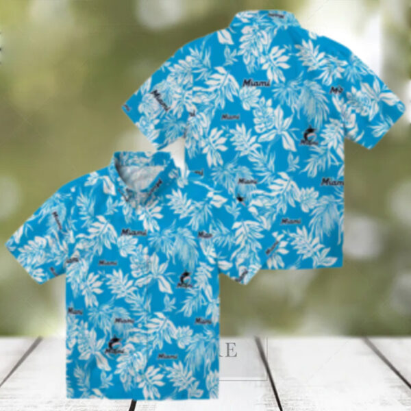 MLB Miami Marlins Leaf Print Aloha Shirt   Blue White Vacation Style