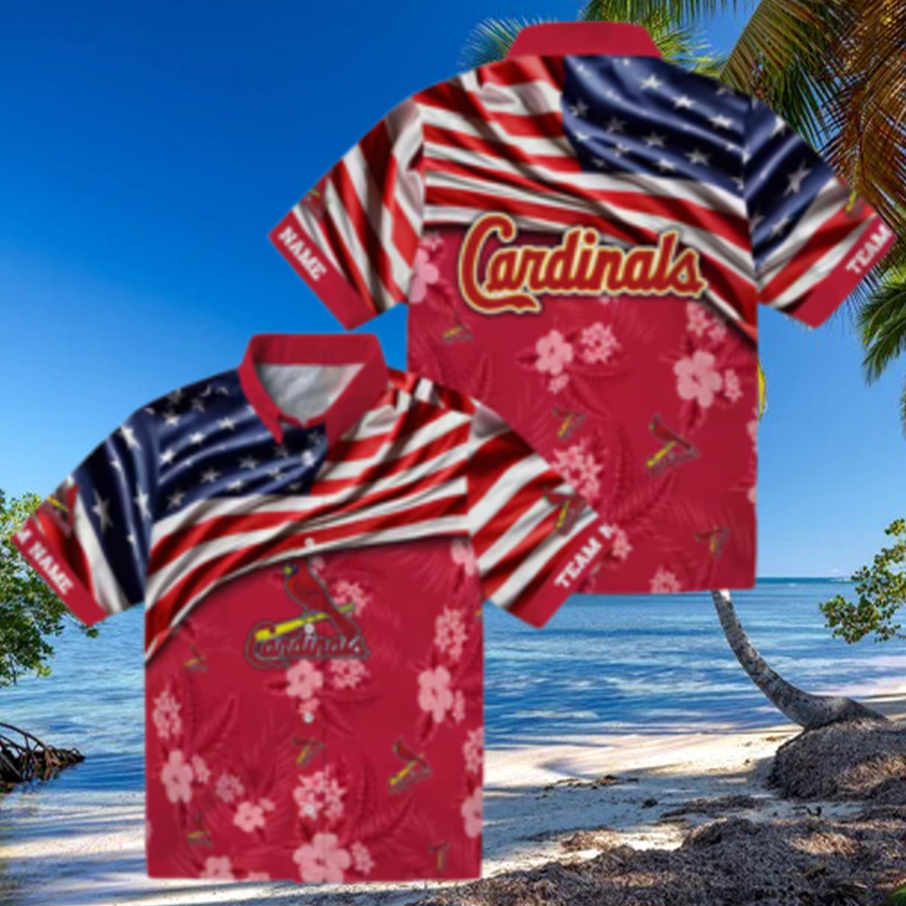 MLB St. Louis Cardinals Floral Hawaiian Shirt Red Hibiscus & American Flag Style MLB St. Louis Cardinals Floral Hawaiian Shirt Red Hibiscus & American Flag Style