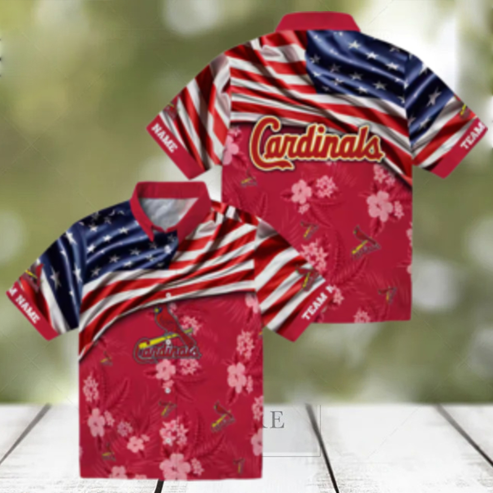 MLB St. Louis Cardinals Floral Hawaiian Shirt Red Hibiscus & American Flag Style MLB St. Louis Cardinals Floral Hawaiian Shirt Red Hibiscus & American Flag Style