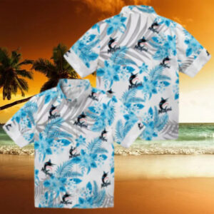 Men’s Miami Marlins Blue White Floral Beach Shirt   Hibiscus Palm Summer Fan Favorite
