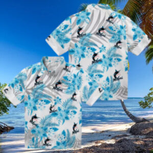 Men’s Miami Marlins Blue White Floral Beach Shirt   Hibiscus Palm Summer Fan Favorite