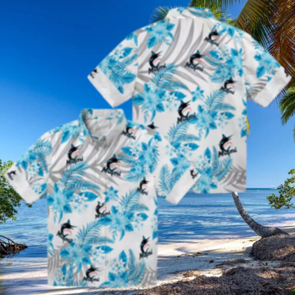 Men’s Miami Marlins Blue White Floral Beach Shirt   Hibiscus Palm Summer Fan Favorite