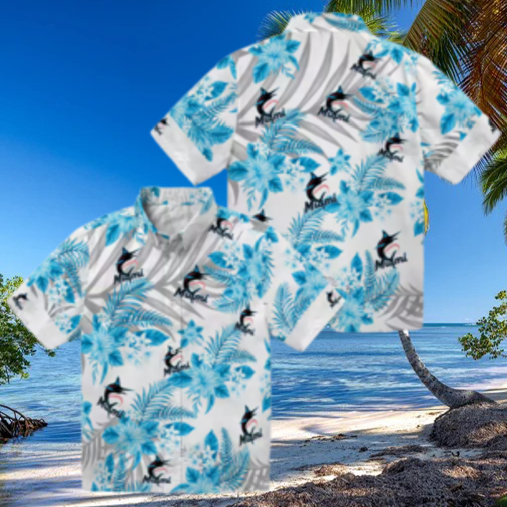 Men's Miami Marlins Blue White Floral Beach Shirt Hibiscus Palm Summer Fan Favorite Men's Miami Marlins Blue White Floral Beach Shirt Hibiscus Palm Summer Fan Favorite