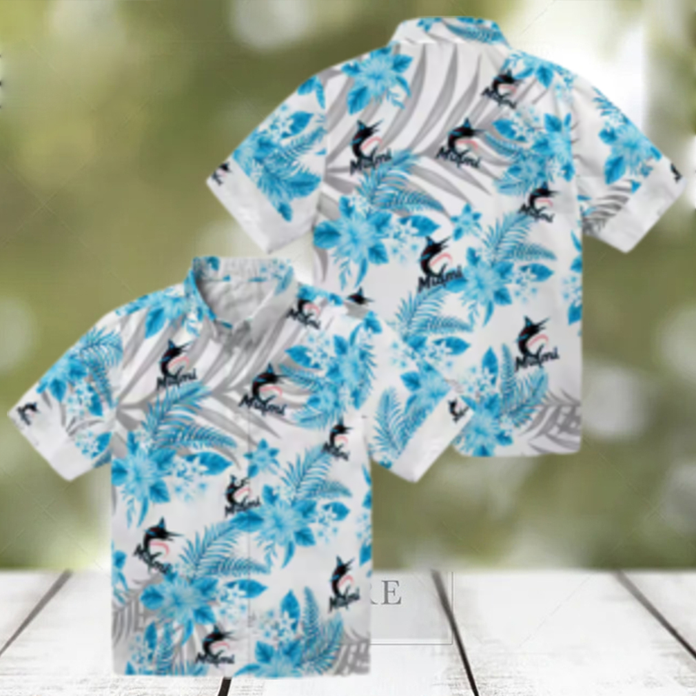Men's Miami Marlins Blue White Floral Beach Shirt Hibiscus Palm Summer Fan Favorite Men's Miami Marlins Blue White Floral Beach Shirt Hibiscus Palm Summer Fan Favorite