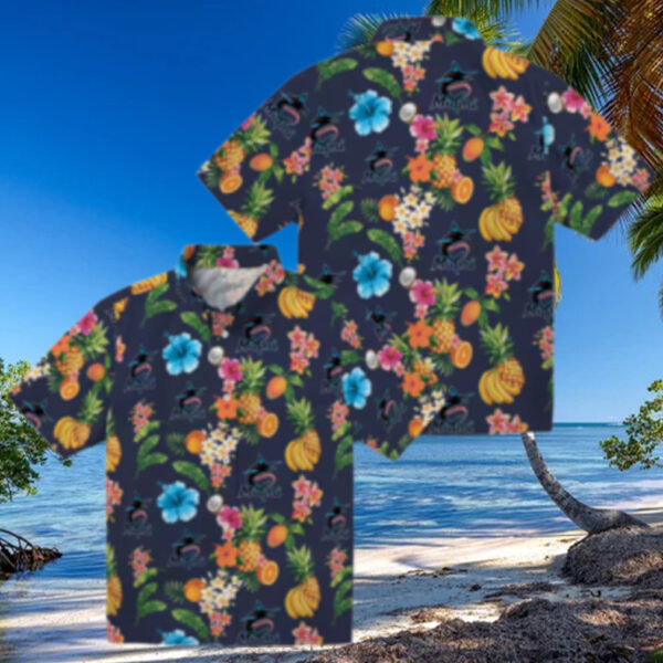 Men’s Miami Marlins Navy Blue Hawaiian Shirt   Hibiscus And Fruit Style
