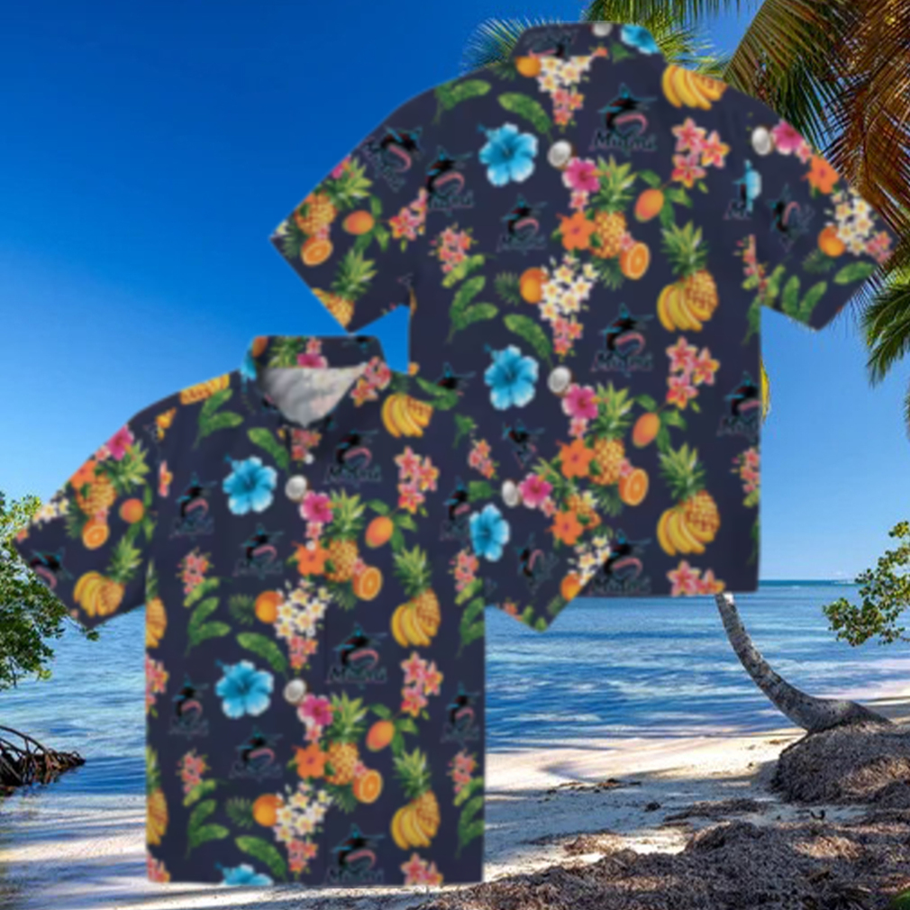 Men’s Miami Marlins Navy Blue Hawaiian Shirt Hibiscus And Fruit Style Men’s Miami Marlins Navy Blue Hawaiian Shirt Hibiscus And Fruit Style