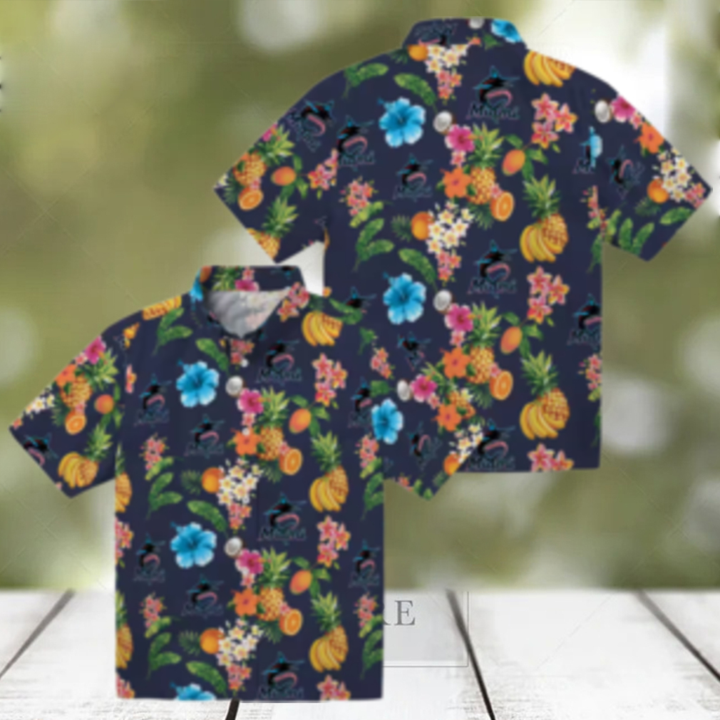 Men’s Miami Marlins Navy Blue Hawaiian Shirt Hibiscus And Fruit Style Men’s Miami Marlins Navy Blue Hawaiian Shirt Hibiscus And Fruit Style