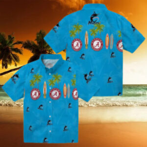 Men’s Miami Marlins Surfboard Palm Blue Hawaiian Shirt   Perfect for Summer & Beach Days