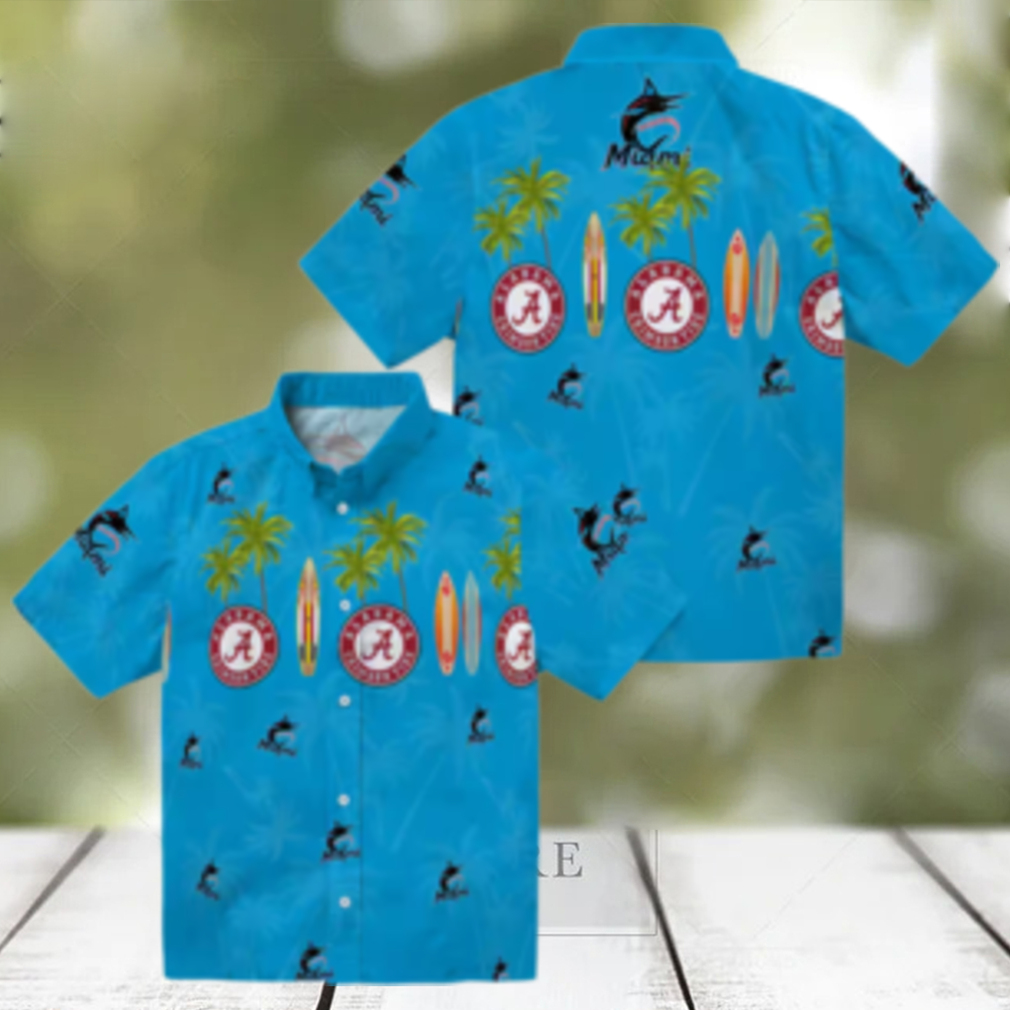 Men's Miami Marlins Surfboard Palm Blue Hawaiian Shirt Perfect for Summer & Beach Days Men's Miami Marlins Surfboard Palm Blue Hawaiian Shirt Perfect for Summer & Beach Days