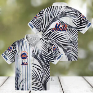 Men’s New York Mets Hawaiian Shirt   MLB Blue Black Palm Stripes for Vacation & Game Day