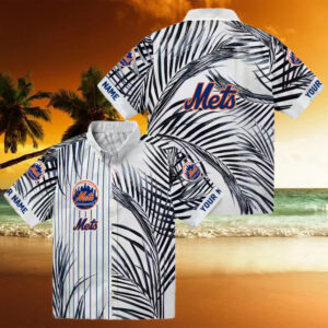 Men’s New York Mets Hawaiian Shirt   MLB Blue Black Palm Stripes for Vacation & Game Day