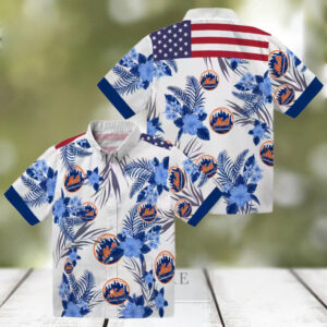 Men’s New York Mets Hibiscus Hawaiian Shirt   Patriotic Floral Blue White MLB Summer Shirt