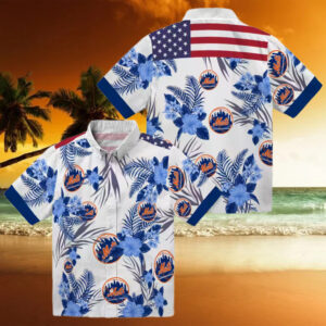 Men’s New York Mets Hibiscus Hawaiian Shirt   Patriotic Floral Blue White MLB Summer Shirt
