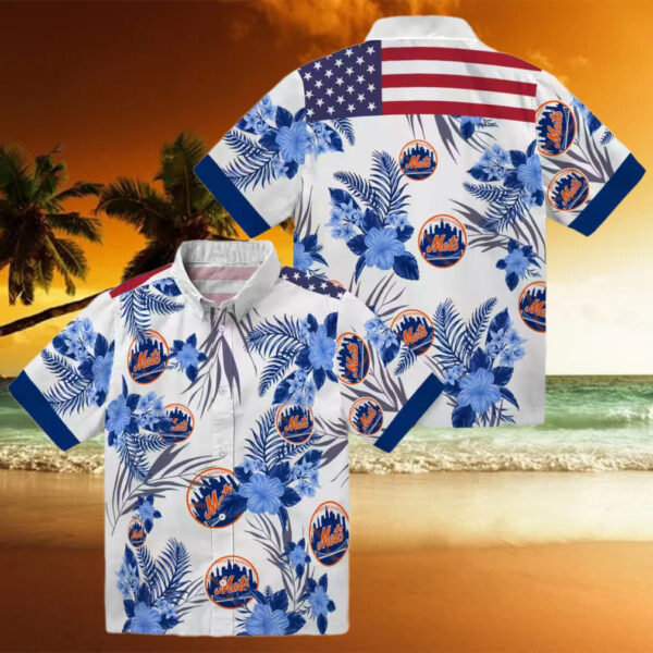 Men’s New York Mets Hibiscus Hawaiian Shirt   Patriotic Floral Blue White MLB Summer Shirt