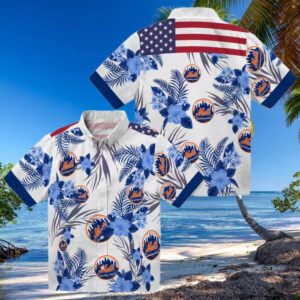Men's New York Mets Hibiscus Hawaiian Shirt Patriotic Floral Blue White MLB Summer Shirt