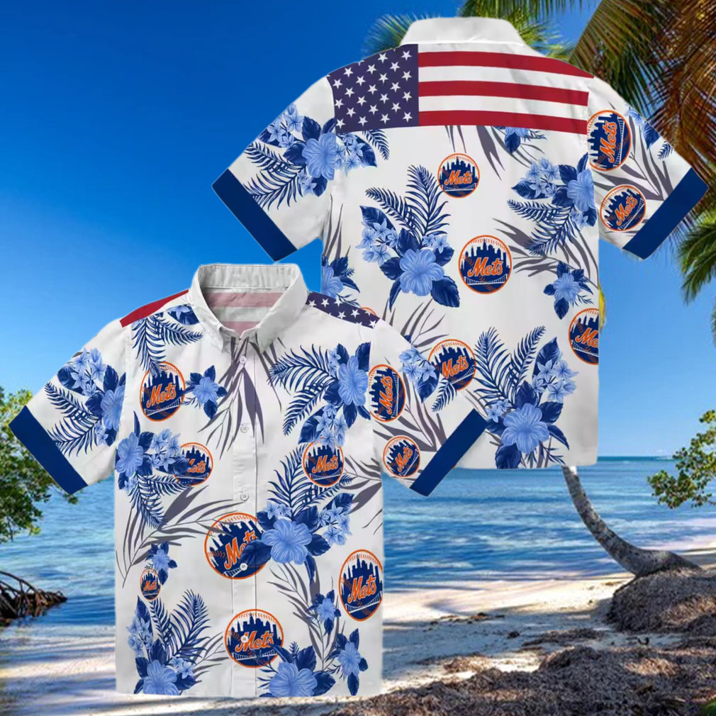 Men's New York Mets Hibiscus Hawaiian Shirt Patriotic Floral Blue White MLB Summer Shirt Men's New York Mets Hibiscus Hawaiian Shirt Patriotic Floral Blue White MLB Summer Shirt