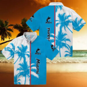 Miami Marlins Blue White Hawaiian Shirt   Tropical Palm Trees Aloha Shirt for Baseball Fans