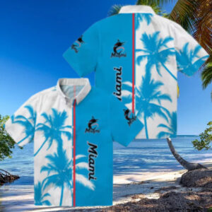 Miami Marlins Blue White Hawaiian Shirt   Tropical Palm Trees Aloha Shirt for Baseball Fans