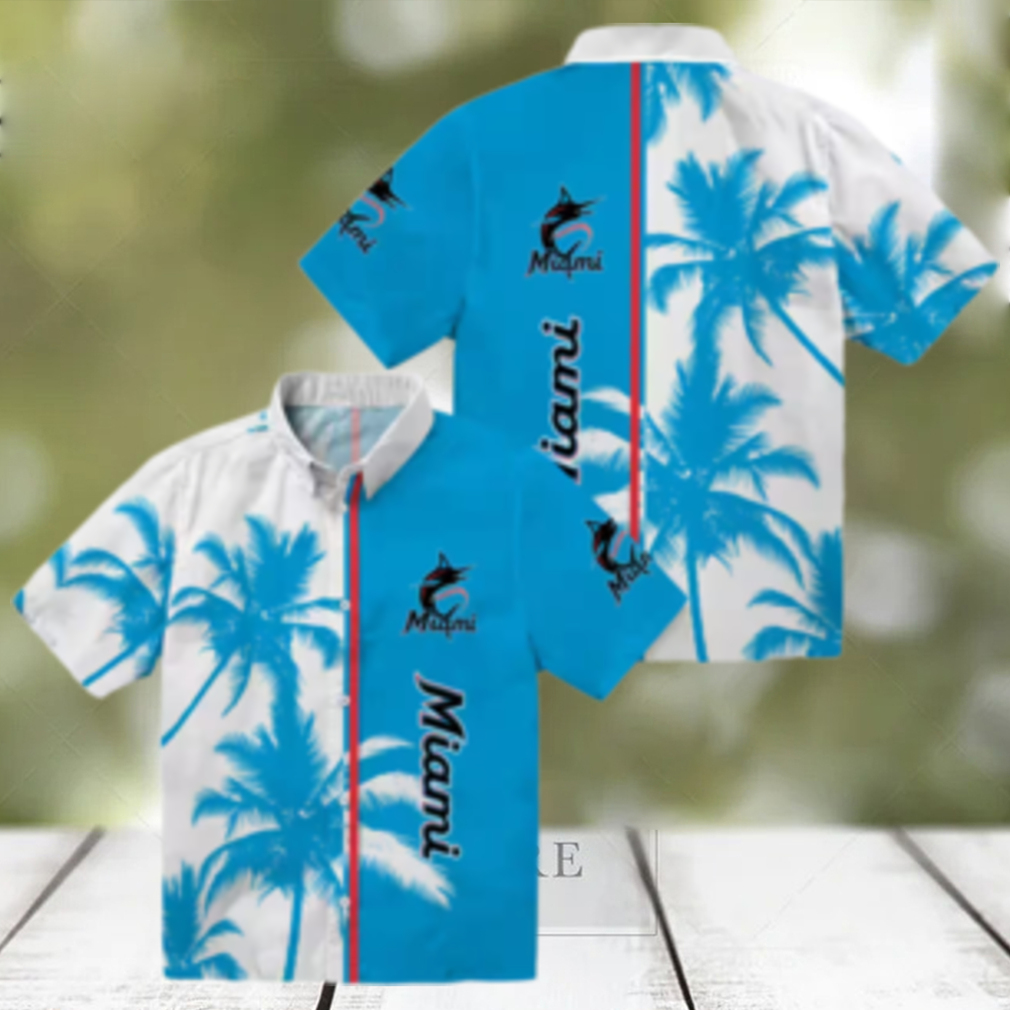 Miami Marlins Blue White Hawaiian Shirt Tropical Palm Trees Aloha Shirt for Baseball Fans Miami Marlins Blue White Hawaiian Shirt Tropical Palm Trees Aloha Shirt for Baseball Fans