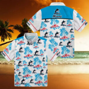 Miami Marlins Blue and White Aloha Shirt   Palm Island Hawaiian Print MLB Shirt for Summer