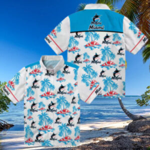 Miami Marlins Blue and White Aloha Shirt   Palm Island Hawaiian Print MLB Shirt for Summer
