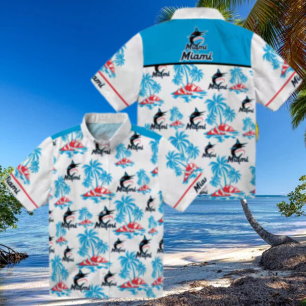 Miami Marlins Blue and White Aloha Shirt   Palm Island Hawaiian Print MLB Shirt for Summer