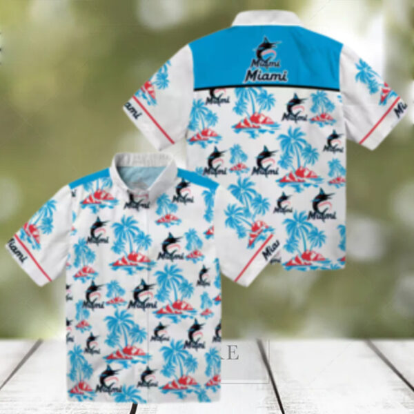 Miami Marlins Blue and White Aloha Shirt   Palm Island Hawaiian Print MLB Shirt for Summer