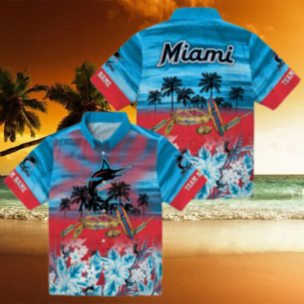 Miami Marlins Canoe Blue Hawaiian Shirt   Official MLB Summer Shirt for Baseball Fans   S