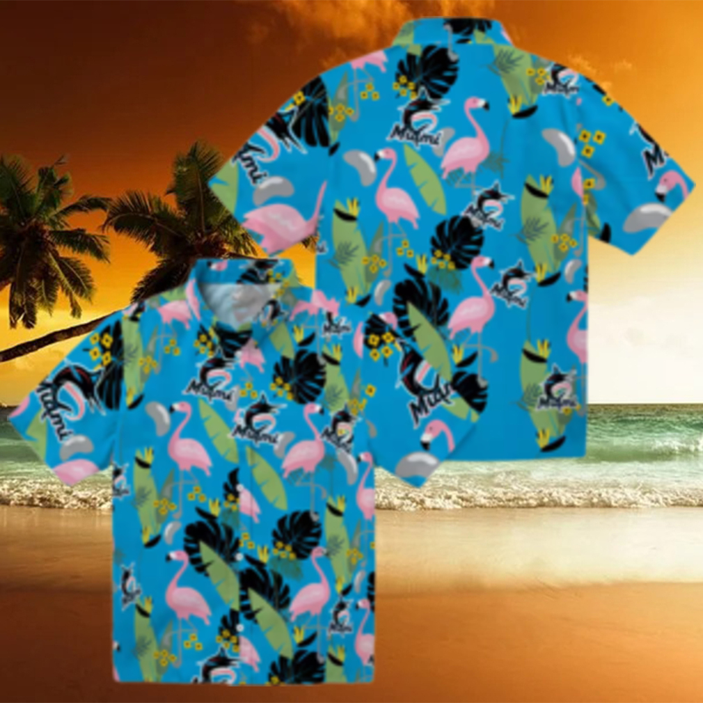 Miami Marlins Floral Hawaiian Shirt Blue Flamingo Summer Game Day Outfit Miami Marlins Floral Hawaiian Shirt Blue Flamingo Summer Game Day Outfit