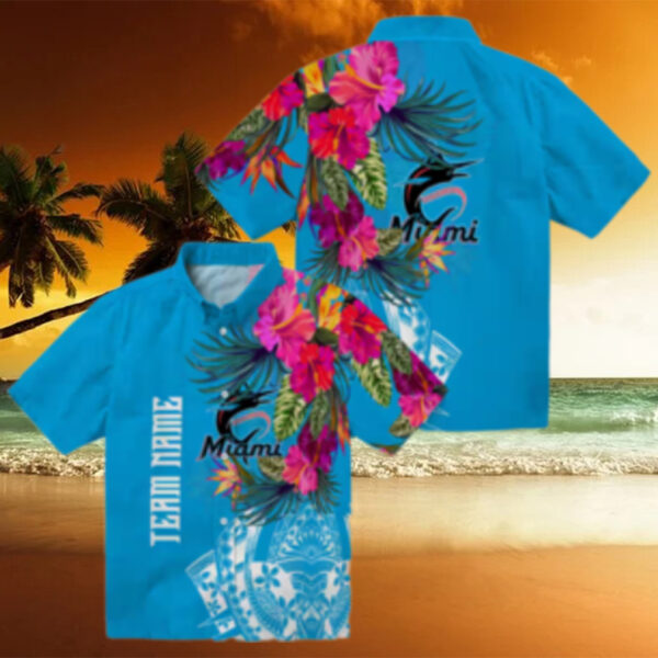 Miami Marlins Hawaiian Button Up Shirt   Floral Polynesian Aloha Style for Summer