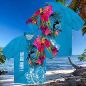 Miami Marlins Hawaiian Button Up Shirt   Floral Polynesian Aloha Style for Summer